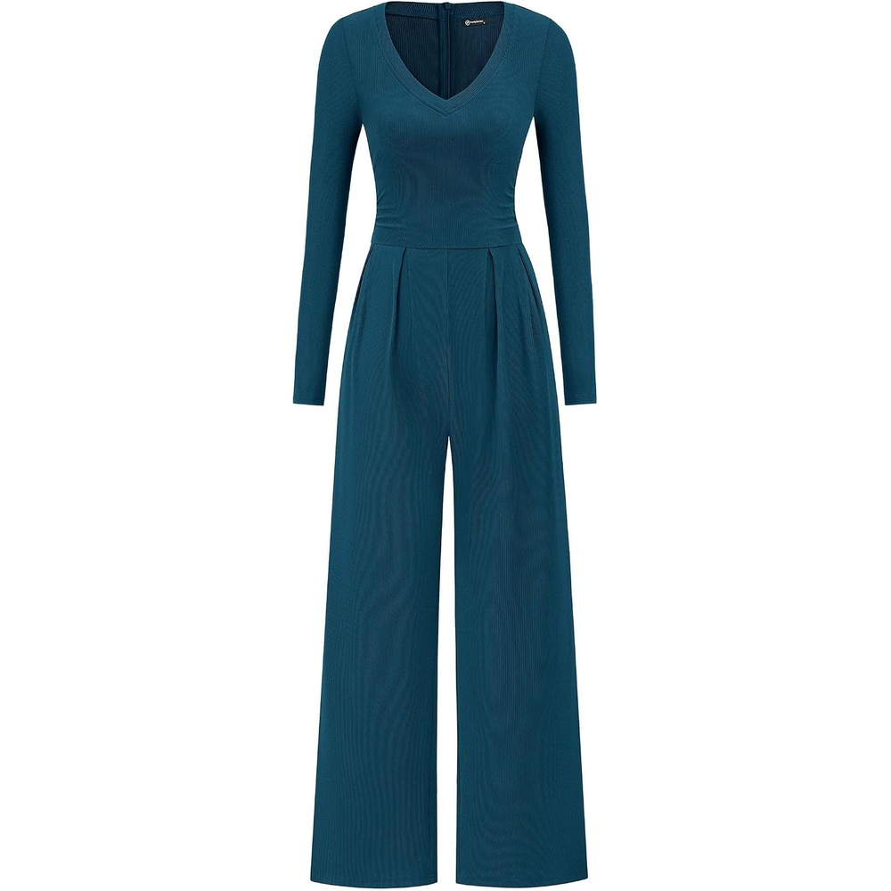 image:imagePRETTYGARDEN Womens Fall One Piece Long Sleeve Jumpsuit Stretchy Ribbed Knit Fashion Deep V Neck Wide Leg Romper with Pockets Work Business Casual Outfits Trendy Winter ClothesLake Blue