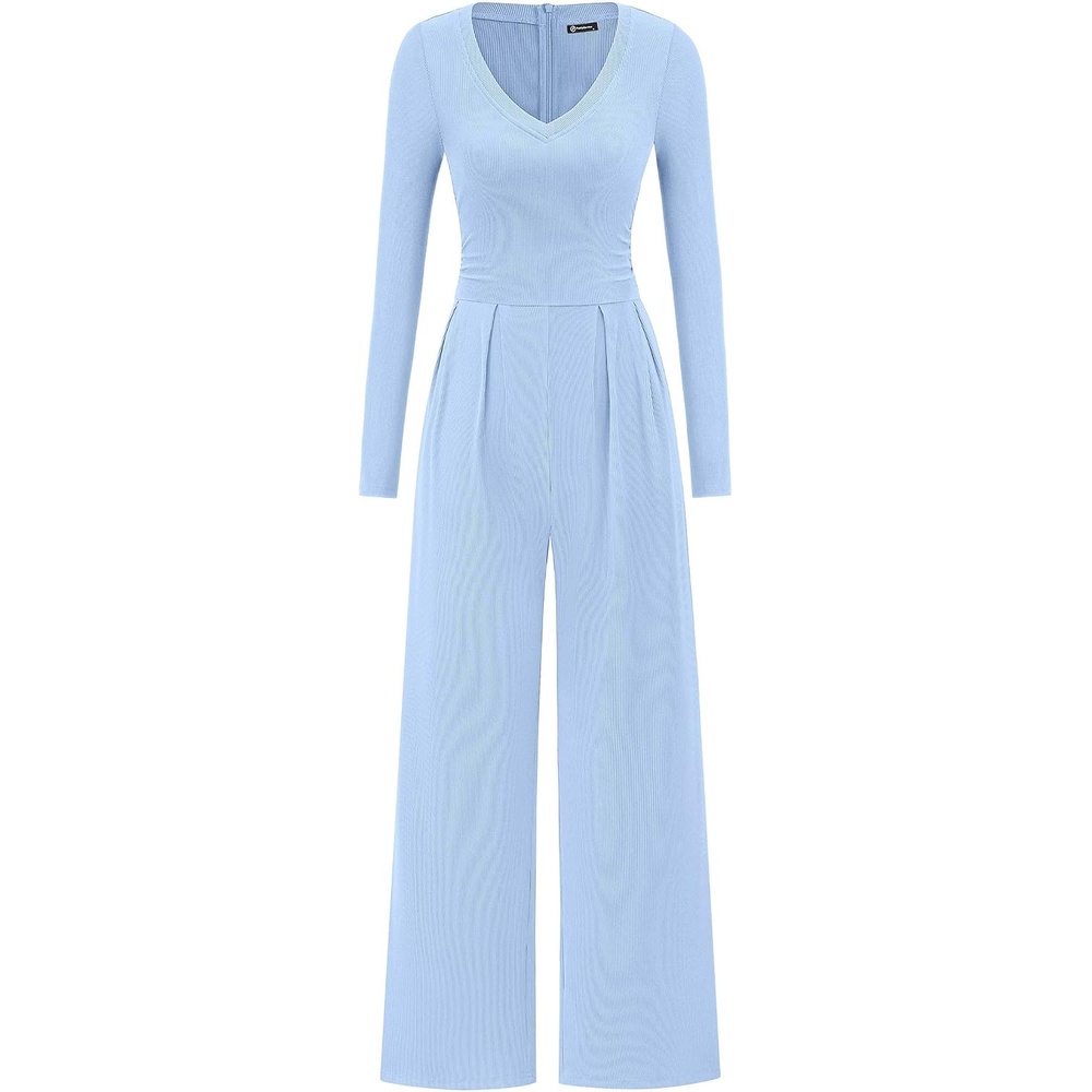 image:imagePRETTYGARDEN Womens Fall One Piece Long Sleeve Jumpsuit Stretchy Ribbed Knit Fashion Deep V Neck Wide Leg Romper with Pockets Work Business Casual Outfits Trendy Winter ClothesLight Blue