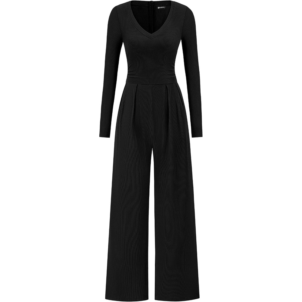 image:imagePRETTYGARDEN Womens Fall One Piece Long Sleeve Jumpsuit Stretchy Ribbed Knit Fashion Deep V Neck Wide Leg Romper with Pockets Work Business Casual Outfits Trendy Winter ClothesBlack