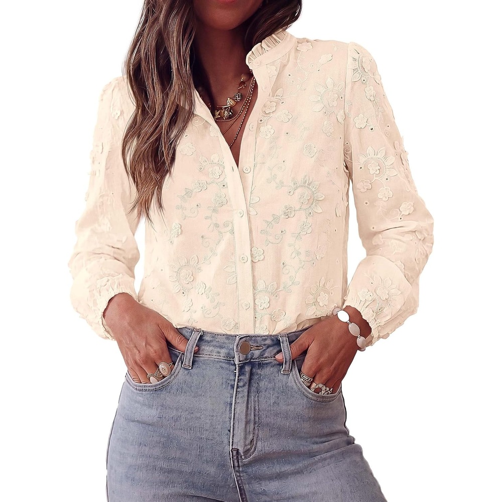 image:imagePRETTYGARDEN Womens Floral Embroidered Button Down Shirts Ladies Dressy Fall Blouses Long Sleeves Ruffle Neck Elegant Boho Eyelet Tops for Work Business amp Spring Casual OutingsBeige
