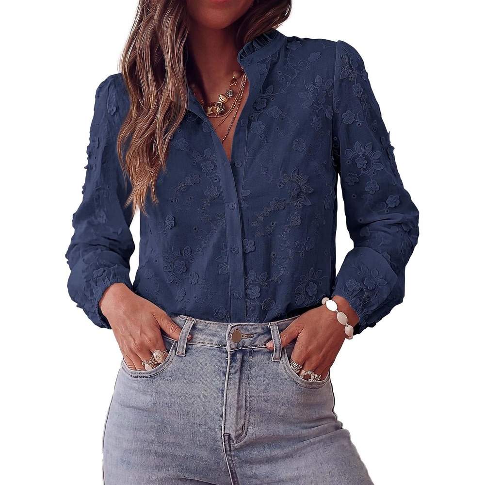 image:imagePRETTYGARDEN Womens Floral Embroidered Button Down Shirts Ladies Dressy Fall Blouses Long Sleeves Ruffle Neck Elegant Boho Eyelet Tops for Work Business amp Spring Casual OutingsNavy Blue