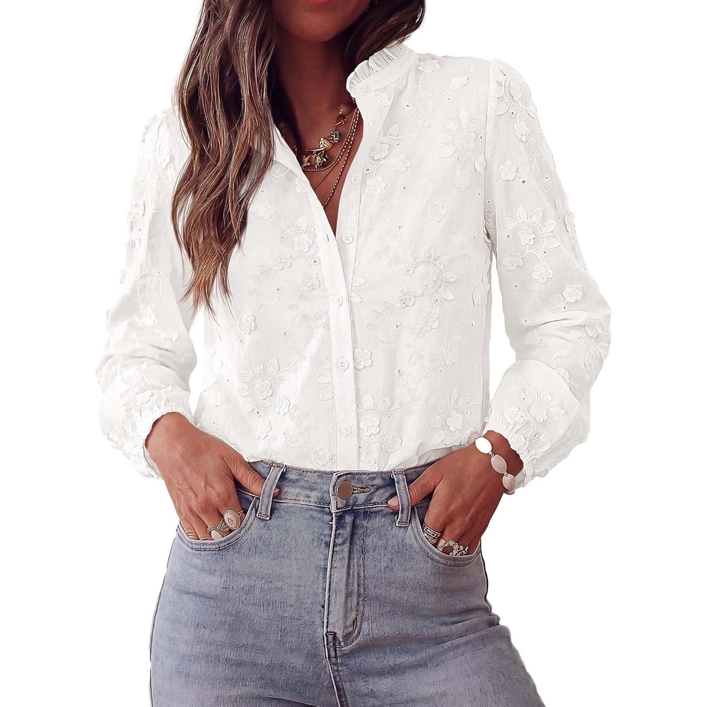 image:imagePRETTYGARDEN Womens Floral Embroidered Button Down Shirts Ladies Dressy Fall Blouses Long Sleeves Ruffle Neck Elegant Boho Eyelet Tops for Work Business amp Spring Casual OutingsWhite