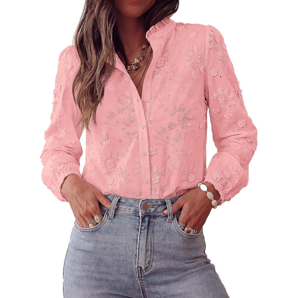 image:imagePRETTYGARDEN Womens Floral Embroidered Button Down Shirts Ladies Dressy Fall Blouses Long Sleeves Ruffle Neck Elegant Boho Eyelet Tops for Work Business amp Spring Casual OutingsPink