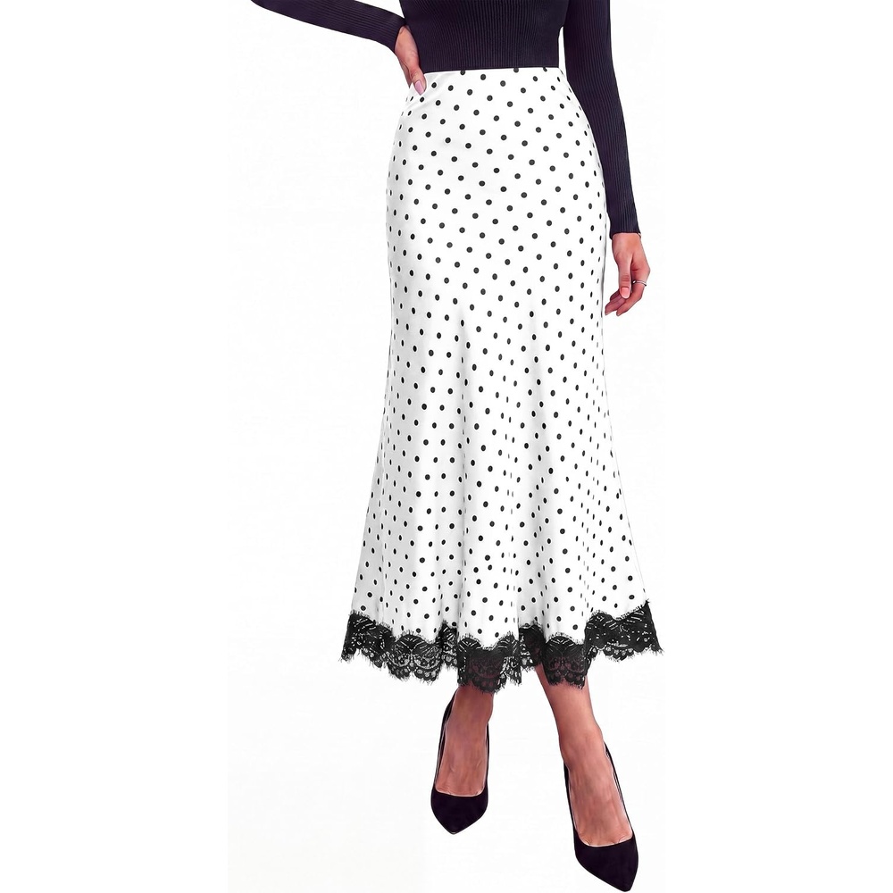 image:imagePRETTYGARDEN Womens Flowy Satin Midi A Line Skirt Dressy Lace Trim Elastic High Waisted Fall Fashion Bottoms Elegant Outfits for Wedding Guest Cocktail Party amp Date NightPolka Dot White