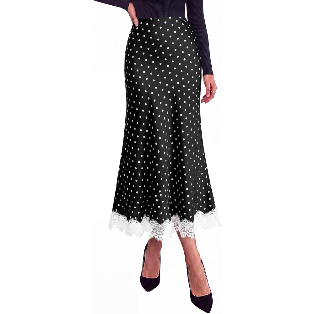 image:imagePRETTYGARDEN Womens Flowy Satin Midi A Line Skirt Dressy Lace Trim Elastic High Waisted Fall Fashion Bottoms Elegant Outfits for Wedding Guest Cocktail Party amp Date NightPolka Dot Black
