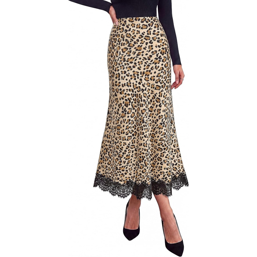 image:imagePRETTYGARDEN Womens Flowy Satin Midi A Line Skirt Dressy Lace Trim Elastic High Waisted Fall Fashion Bottoms Elegant Outfits for Wedding Guest Cocktail Party amp Date NightLeopard Apricot