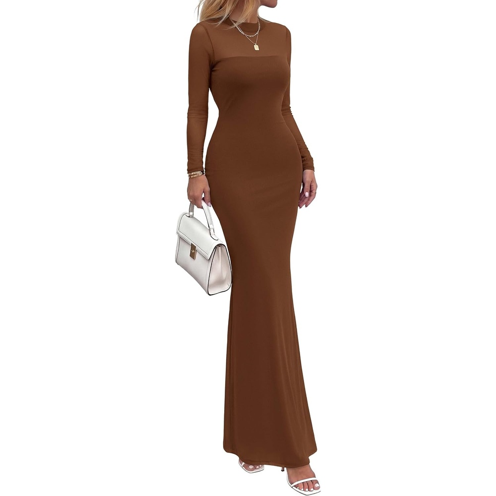 image:imagePRETTYGARDEN Womens Formal Mesh Sheer Long Sleeve Maxi Dress Slimming Mermaid Bodycon Long Dresses Sexy Elegant Wedding Guest Cocktail Holiday Party Dress Fall Date Night OutfitsBrown