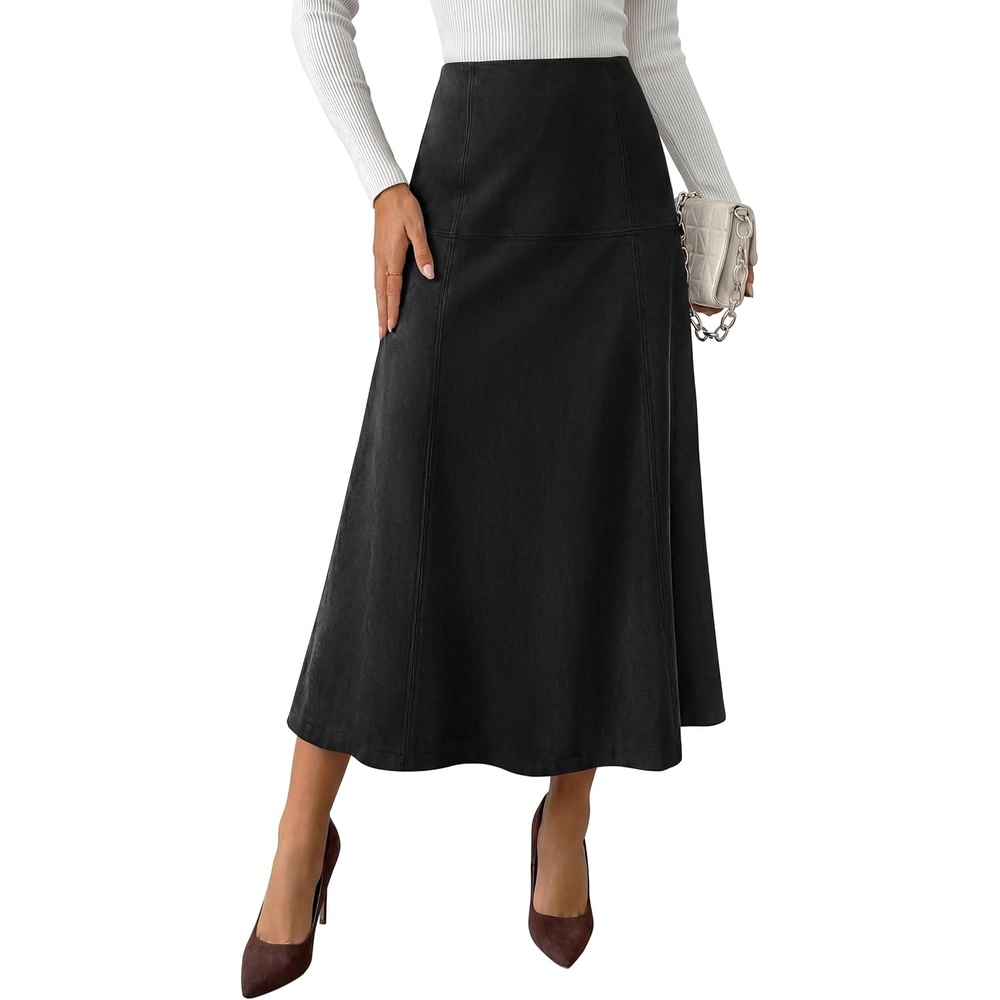 image:imagePRETTYGARDEN Womens High Waist Faux Suede A Line Midi Skirt Hidden Stretch Elastic Waist Front Back Panel Stitching Vintage Elegant MidCalf Long Skirts for Fall Winter Office DailyBlack