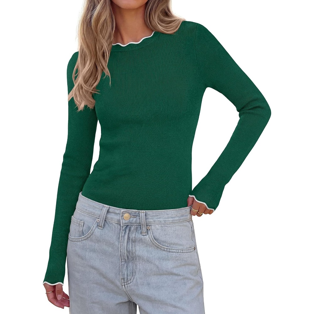 image:imagePRETTYGARDEN Womens Long Sleeve Ribbed Knit Pullover Sweaters Contrast Trim Going Out Tops Soft Stretch Fabric Slim Fitted Scallop Edge Casual Fall Outfits Layering Winter ClothingGreen