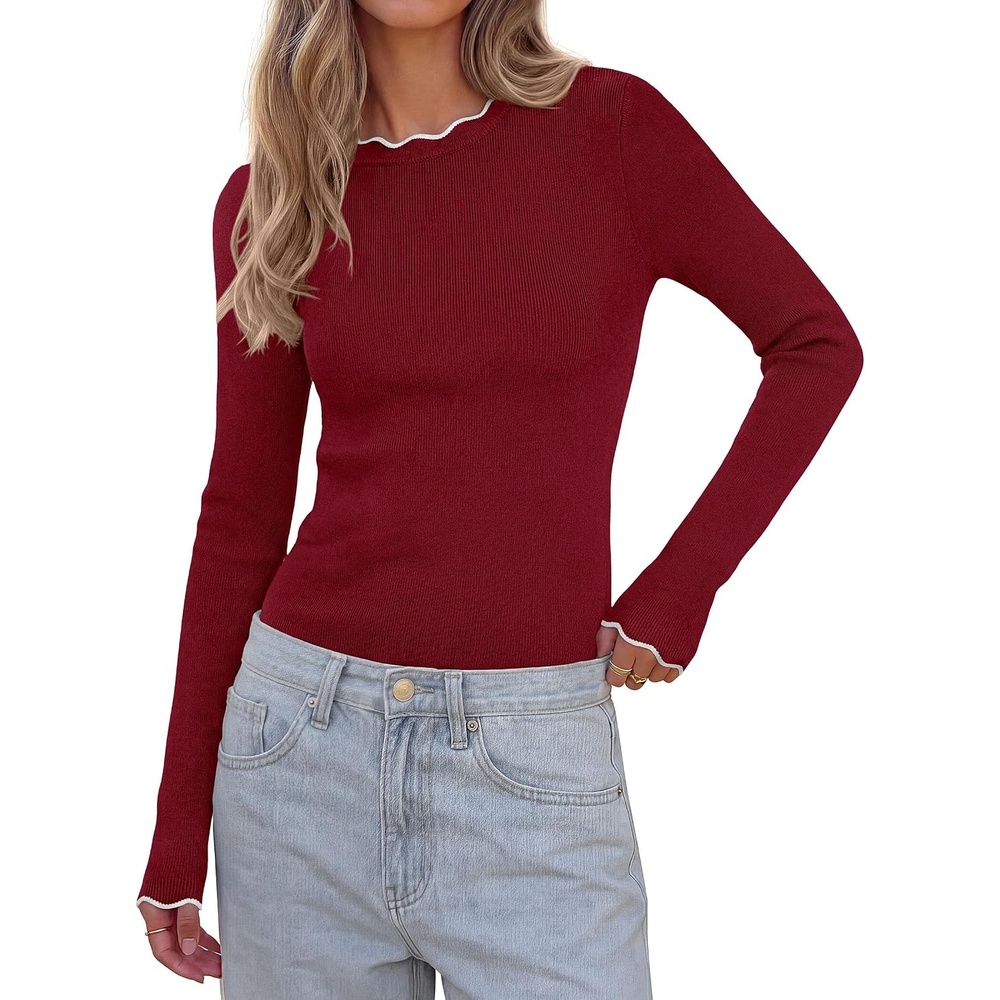 image:imagePRETTYGARDEN Womens Long Sleeve Ribbed Knit Pullover Sweaters Contrast Trim Going Out Tops Soft Stretch Fabric Slim Fitted Scallop Edge Casual Fall Outfits Layering Winter ClothingBurgundy