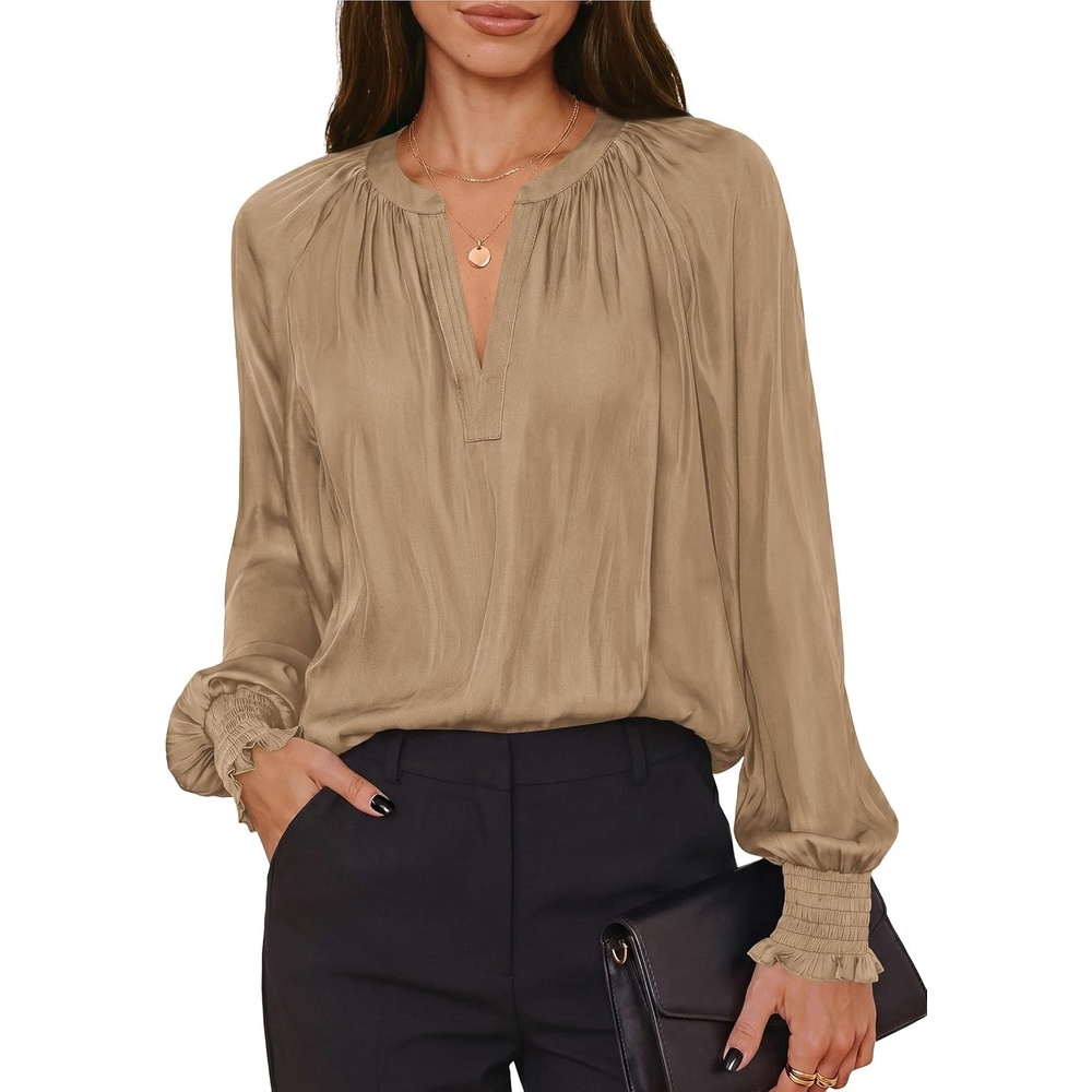 image:imagePRETTYGARDEN Womens Satin Blouses V Neck Long Sleeve Tops  Dressy Silk Shirts Smocked Cuff Balloon Sleeves Smooth amp Soft Work Office Wear Business Casual Outfits Fall ClothesKhaki