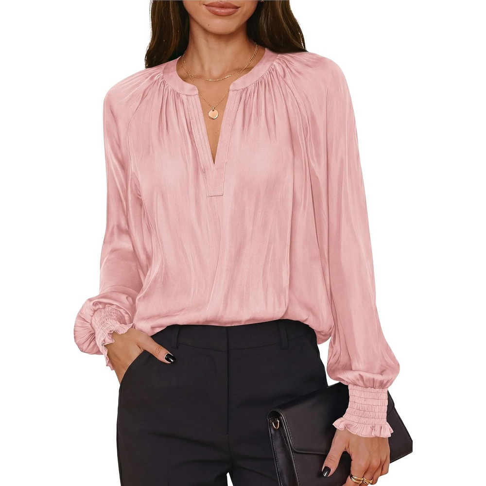 image:imagePRETTYGARDEN Womens Satin Blouses V Neck Long Sleeve Tops Dressy Silk Shirts Smocked Cuff Balloon Sleeves Smooth amp Soft Work Office Wear Business Casual Outfits Fall ClothesPink