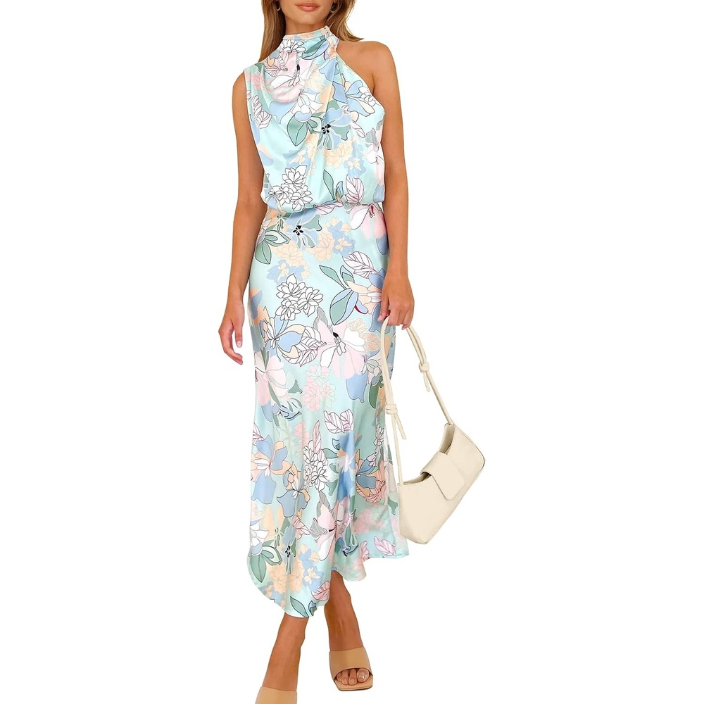 image:imagePRETTYGARDEN Womens Summer Satin Maxi Cocktail Dress Silk FabricSleeveless Mock NeckFit and FlareAsymmetrical Long DressesElegant FormalWedding Guest PartyCruise OutfitsPrint Blue