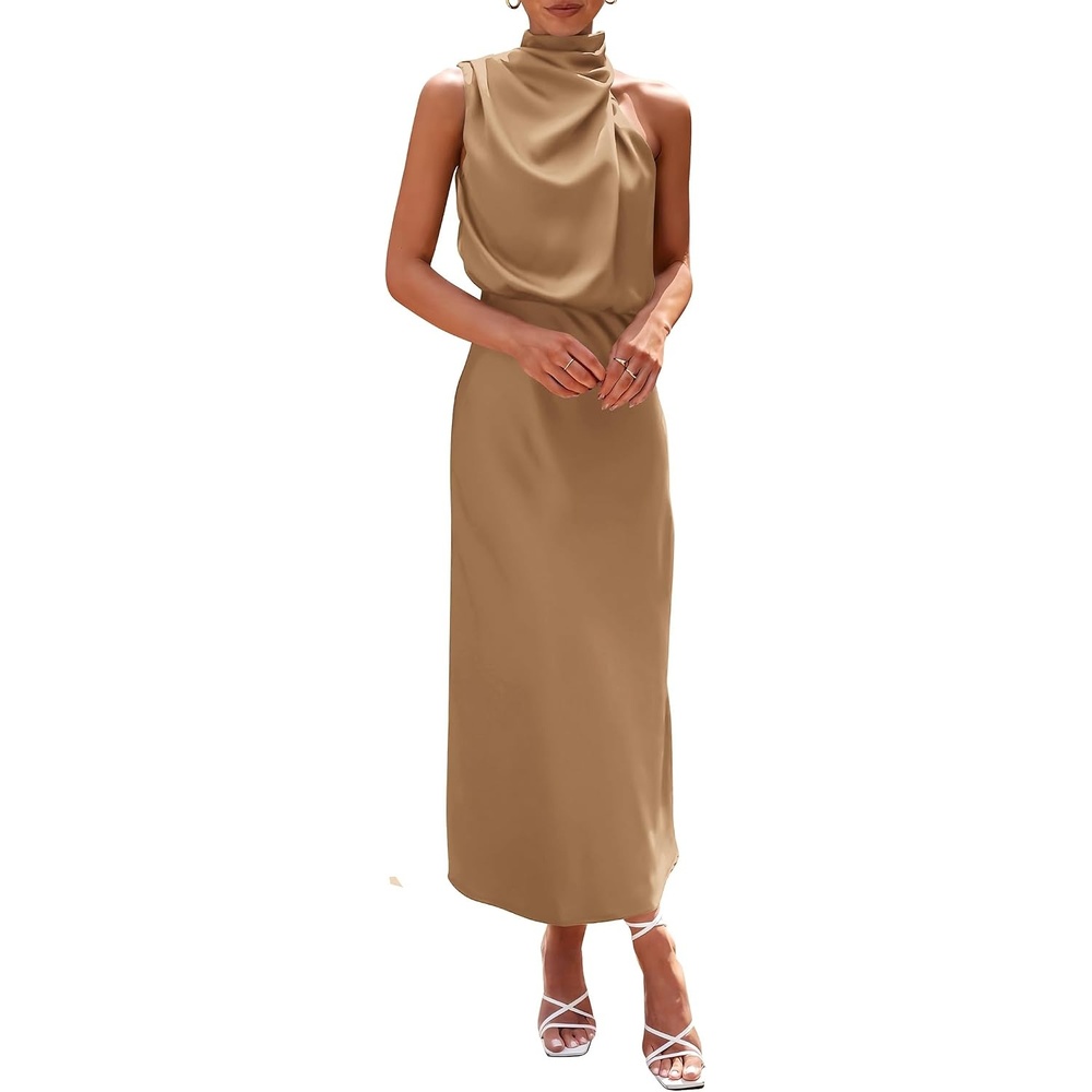 image:imagePRETTYGARDEN Womens Summer Satin Maxi Cocktail Dress Silk FabricSleeveless Mock NeckFit and FlareAsymmetrical Long DressesElegant FormalWedding Guest PartyCruise OutfitsLight Khaki