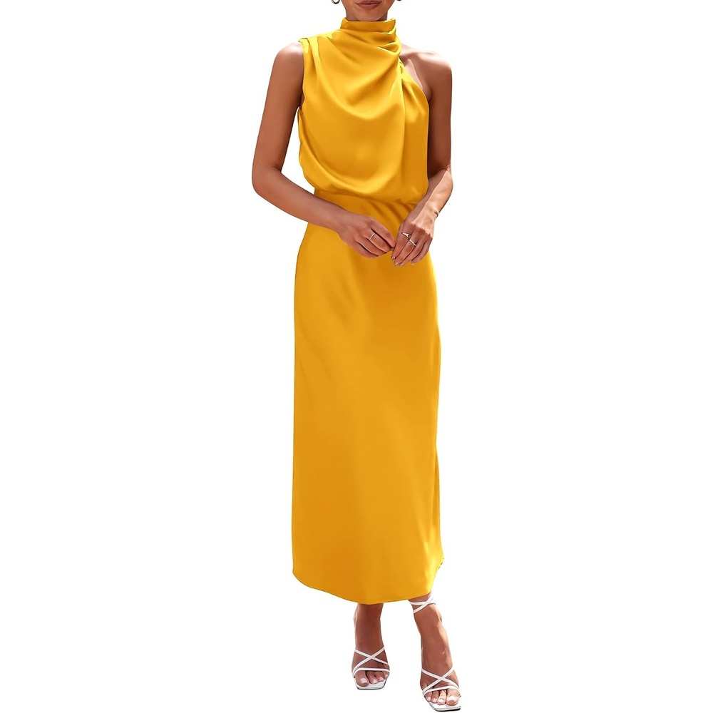 image:imagePRETTYGARDEN Womens Summer Satin Maxi Cocktail Dress Silk FabricSleeveless Mock NeckFit and FlareAsymmetrical Long DressesElegant FormalWedding Guest PartyCruise OutfitsYellow