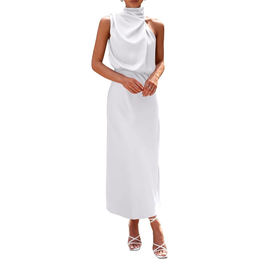 image:imagePRETTYGARDEN Womens Summer Satin Maxi Cocktail Dress Silk FabricSleeveless Mock NeckFit and FlareAsymmetrical Long DressesElegant FormalWedding Guest PartyCruise OutfitsWhite