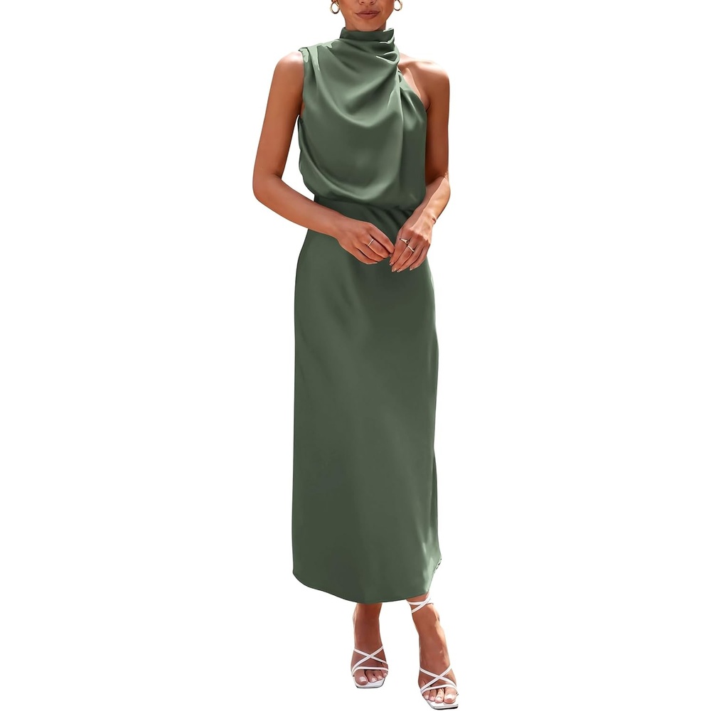 image:imagePRETTYGARDEN Womens Summer Satin Maxi Cocktail Dress Silk FabricSleeveless Mock NeckFit and FlareAsymmetrical Long DressesElegant FormalWedding Guest PartyCruise OutfitsArmy Green