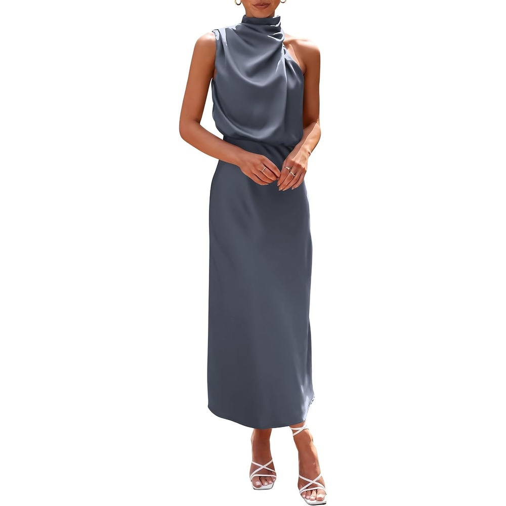 image:imagePRETTYGARDEN Womens Summer Satin Maxi Cocktail Dress Silk FabricSleeveless Mock NeckFit and FlareAsymmetrical Long DressesElegant FormalWedding Guest PartyCruise OutfitsGrey Blue