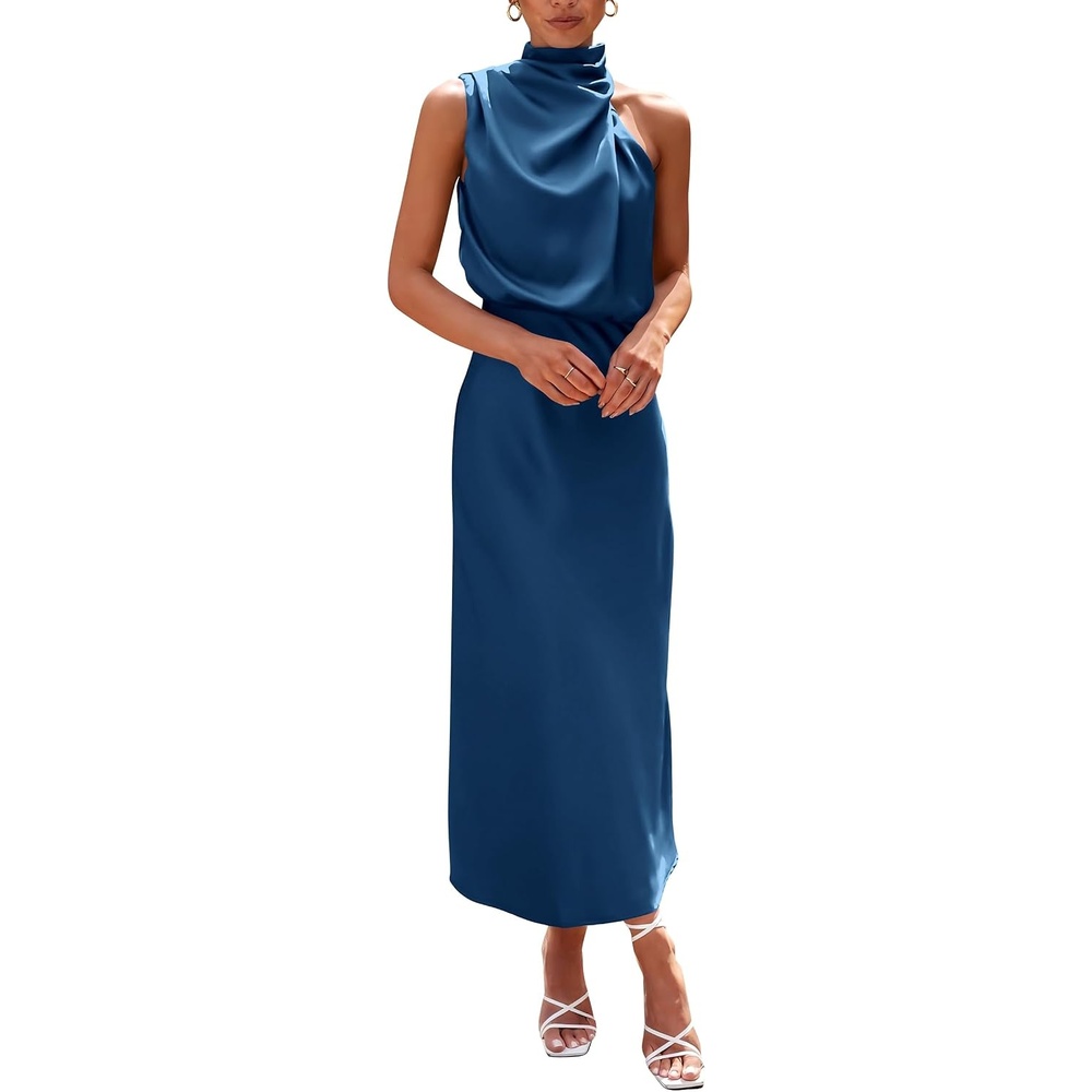 image:imagePRETTYGARDEN Womens Summer Satin Maxi Cocktail Dress Silk FabricSleeveless Mock NeckFit and FlareAsymmetrical Long DressesElegant FormalWedding Guest PartyCruise OutfitsDark Blue