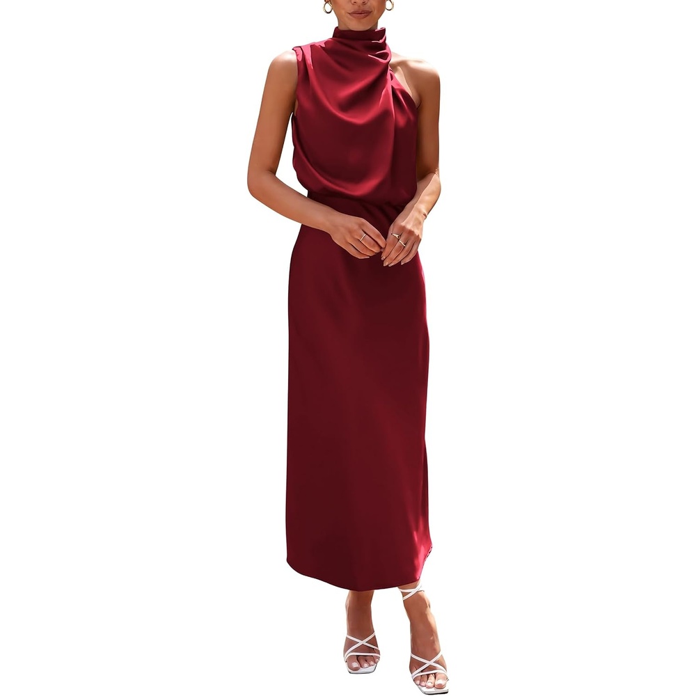 image:imagePRETTYGARDEN Womens Summer Satin Maxi Cocktail Dress Silk FabricSleeveless Mock NeckFit and FlareAsymmetrical Long DressesElegant FormalWedding Guest PartyCruise OutfitsDark Wine Red