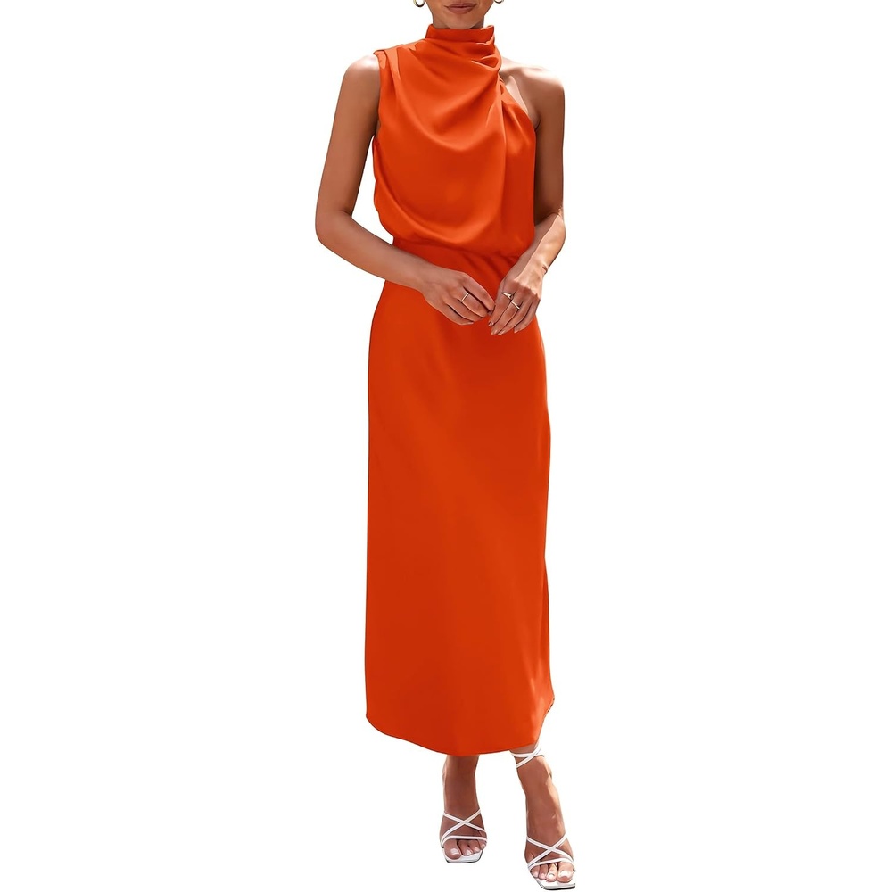 image:imagePRETTYGARDEN Womens Summer Satin Maxi Cocktail Dress Silk FabricSleeveless Mock NeckFit and FlareAsymmetrical Long DressesElegant FormalWedding Guest PartyCruise OutfitsOrange