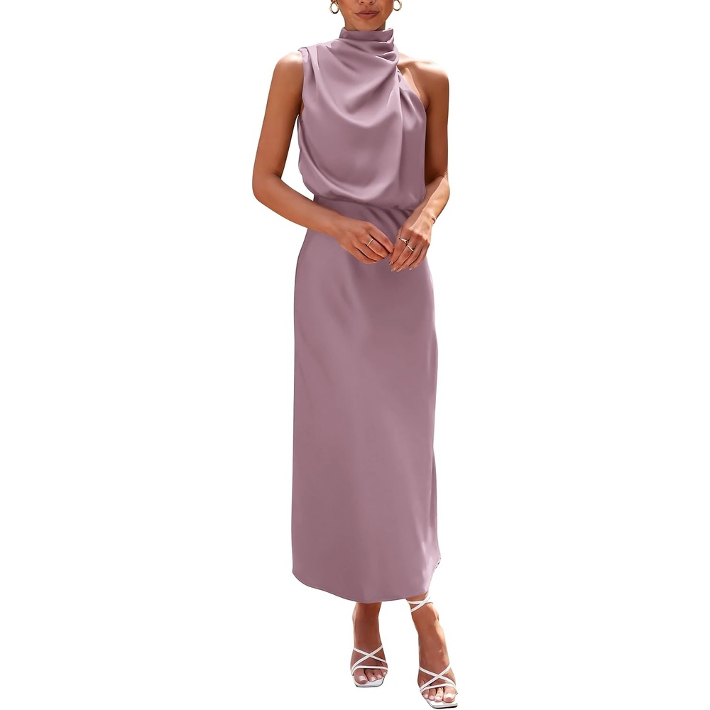 image:imagePRETTYGARDEN Womens Summer Satin Maxi Cocktail Dress Silk FabricSleeveless Mock NeckFit and FlareAsymmetrical Long DressesElegant FormalWedding Guest PartyCruise OutfitsDusty Pink