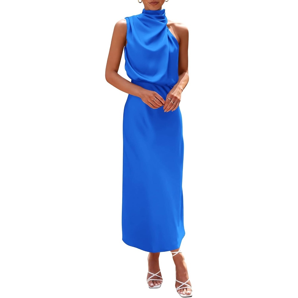 image:imagePRETTYGARDEN Womens Summer Satin Maxi Cocktail Dress Silk FabricSleeveless Mock NeckFit and FlareAsymmetrical Long DressesElegant FormalWedding Guest PartyCruise OutfitsBrilliant Blue