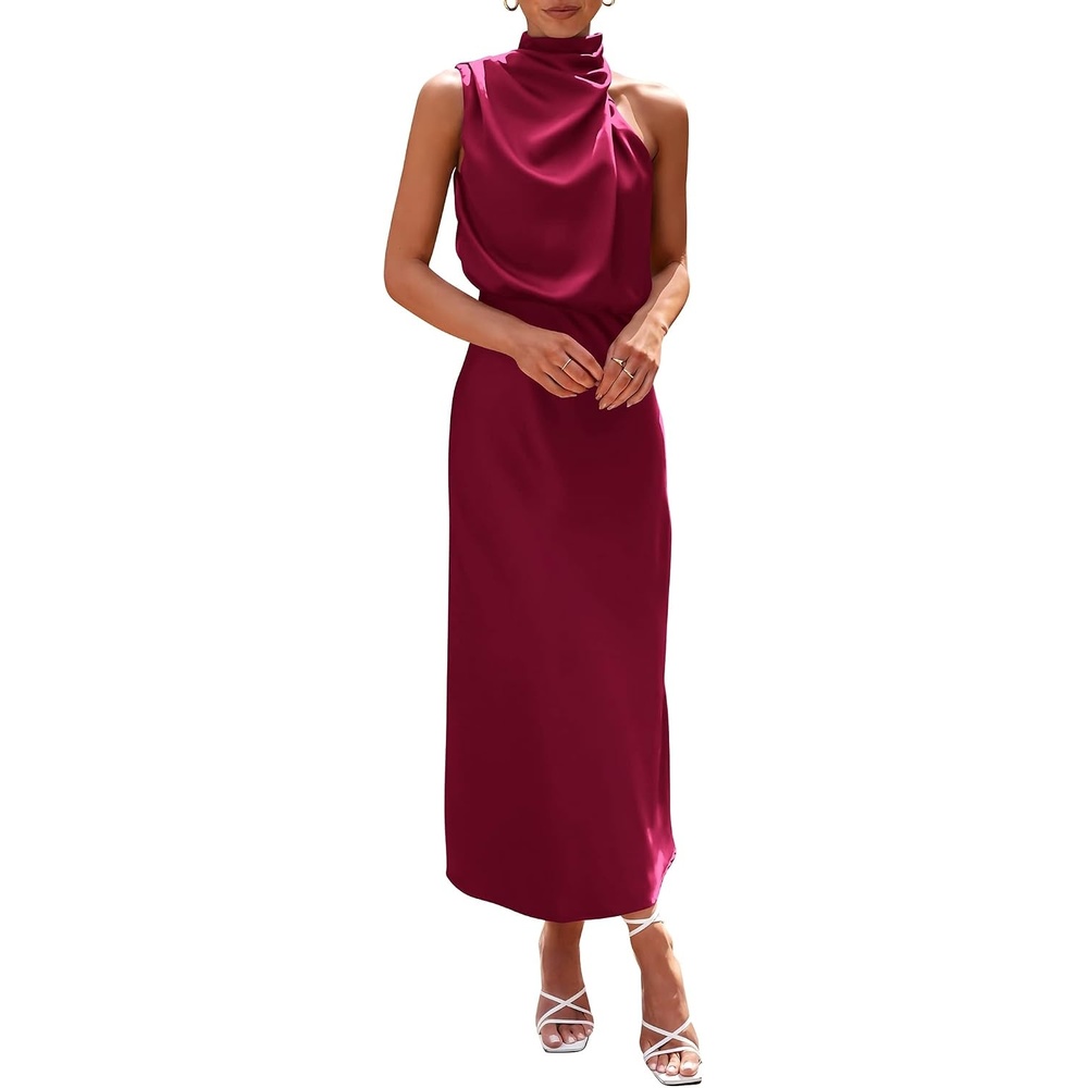 image:imagePRETTYGARDEN Womens Summer Satin Maxi Cocktail Dress Silk FabricSleeveless Mock NeckFit and FlareAsymmetrical Long DressesElegant FormalWedding Guest PartyCruise OutfitsDeep Red