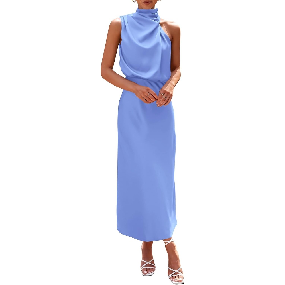 image:imagePRETTYGARDEN Womens Summer Satin Maxi Cocktail Dress Silk FabricSleeveless Mock NeckFit and FlareAsymmetrical Long DressesElegant FormalWedding Guest PartyCruise OutfitsBlue