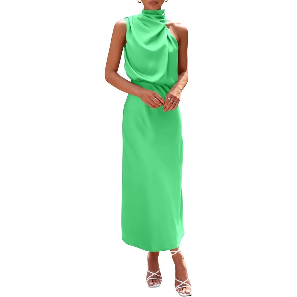 image:imagePRETTYGARDEN Womens Summer Satin Maxi Cocktail Dress Silk FabricSleeveless Mock NeckFit and FlareAsymmetrical Long DressesElegant FormalWedding Guest PartyCruise OutfitsGrass Green