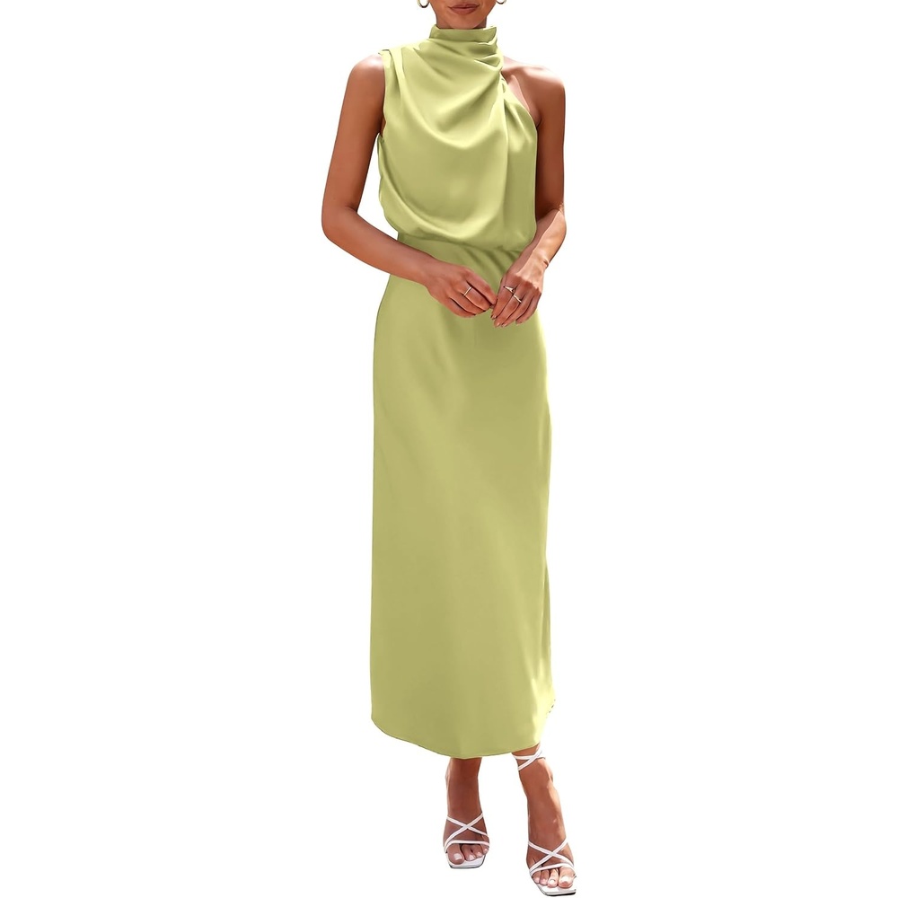 image:imagePRETTYGARDEN Womens Summer Satin Maxi Cocktail Dress Silk FabricSleeveless Mock NeckFit and FlareAsymmetrical Long DressesElegant FormalWedding Guest PartyCruise OutfitsTender Green