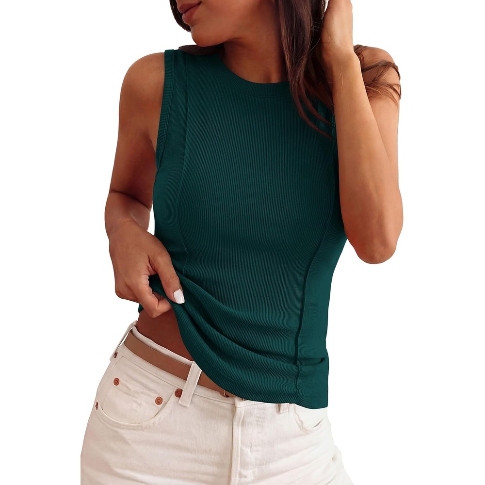 image:imagePRETTYGARDEN Womens Summer Sleeveless Ribbed Tank Tops  Cute Y2K Spring Going Out Shirts Crew Neck Seam Wide Strap Slim Fitted Cropped Tops Garment FriendlyDark Green