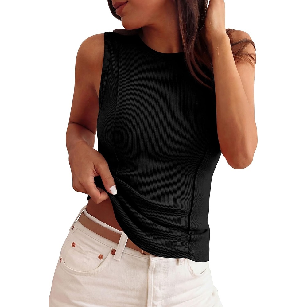 image:imagePRETTYGARDEN Womens Summer Sleeveless Ribbed Tank Tops  Cute Y2K Spring Going Out Shirts Crew Neck Seam Wide Strap Slim Fitted Cropped Tops Garment FriendlyBlack