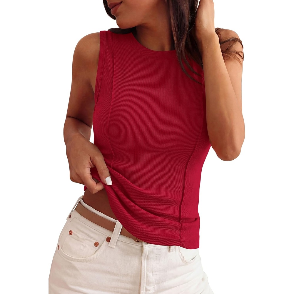 image:imagePRETTYGARDEN Womens Summer Sleeveless Ribbed Tank Tops  Cute Y2K Spring Going Out Shirts Crew Neck Seam Wide Strap Slim Fitted Cropped Tops Garment FriendlyRed