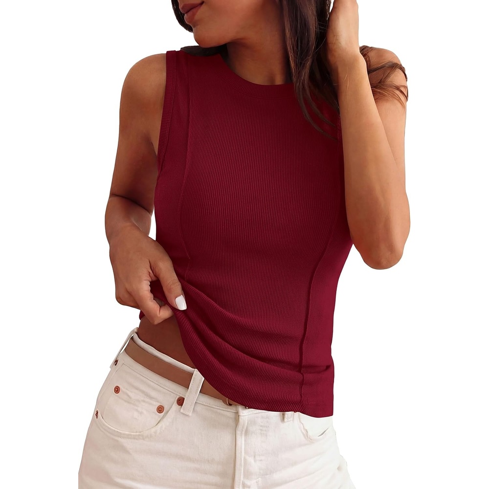 image:imagePRETTYGARDEN Womens Summer Sleeveless Ribbed Tank Tops  Cute Y2K Spring Going Out Shirts Crew Neck Seam Wide Strap Slim Fitted Cropped Tops Garment FriendlyBurgundy