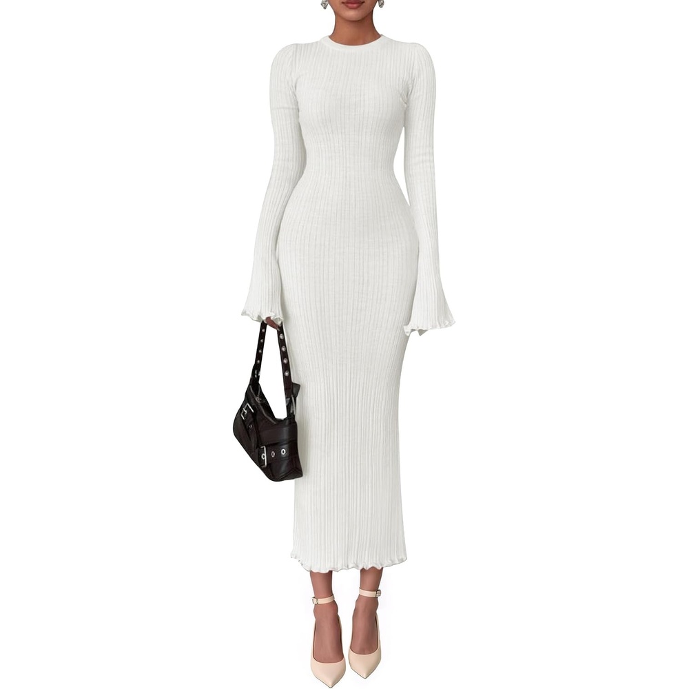 image:imagePRETTYGARDEN Womens Sweater Dress Long Sleeve Maxi Dresses Bell Sleeve Stretchy Ribbed Knit Long Bodycon Fall Winter Wedding Guest Dress Classy Party Holiday Outfits Fashion ClothesWhite