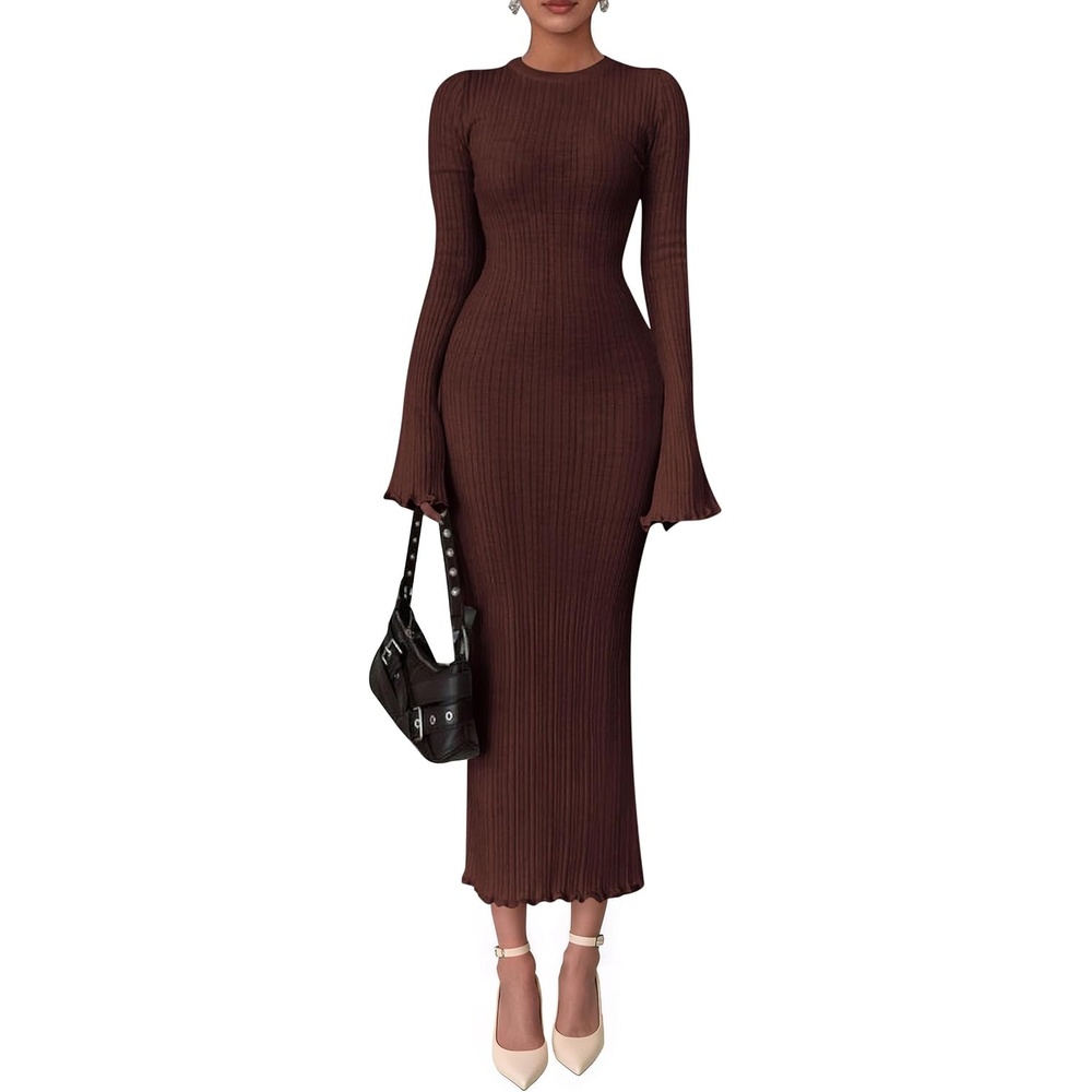 image:imagePRETTYGARDEN Womens Sweater Dress Long Sleeve Maxi Dresses Bell Sleeve Stretchy Ribbed Knit Long Bodycon Fall Winter Wedding Guest Dress Classy Party Holiday Outfits Fashion ClothesCoffee