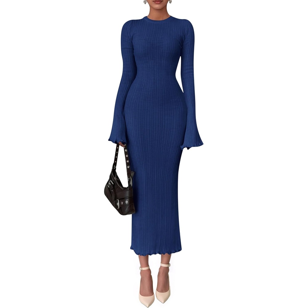 image:imagePRETTYGARDEN Womens Sweater Dress Long Sleeve Maxi Dresses Bell Sleeve Stretchy Ribbed Knit Long Bodycon Fall Winter Wedding Guest Dress Classy Party Holiday Outfits Fashion ClothesRoyal Blue