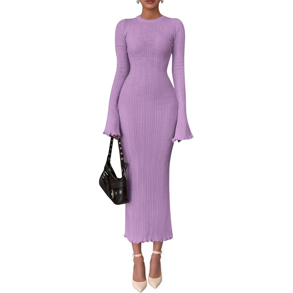 image:imagePRETTYGARDEN Womens Sweater Dress Long Sleeve Maxi Dresses Bell Sleeve Stretchy Ribbed Knit Long Bodycon Fall Winter Wedding Guest Dress Classy Party Holiday Outfits Fashion ClothesPurple