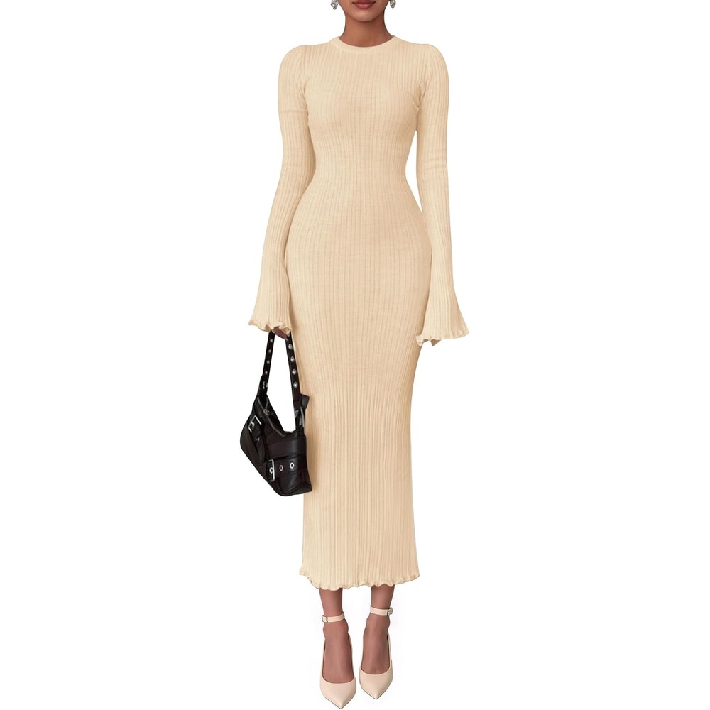 image:imagePRETTYGARDEN Womens Sweater Dress Long Sleeve Maxi Dresses Bell Sleeve Stretchy Ribbed Knit Long Bodycon Fall Winter Wedding Guest Dress Classy Party Holiday Outfits Fashion ClothesBeige