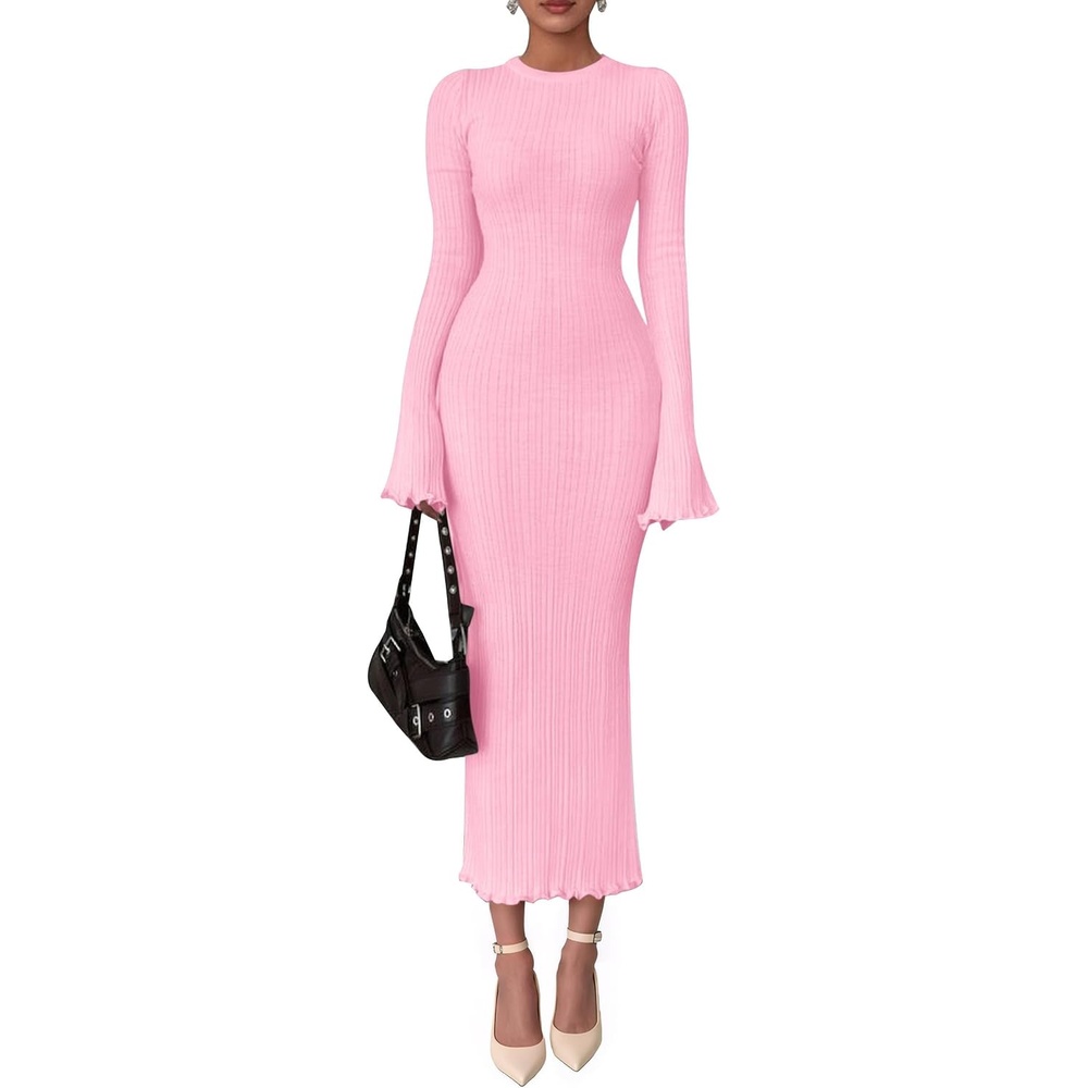 image:imagePRETTYGARDEN Womens Sweater Dress Long Sleeve Maxi Dresses Bell Sleeve Stretchy Ribbed Knit Long Bodycon Fall Winter Wedding Guest Dress Classy Party Holiday Outfits Fashion ClothesPink