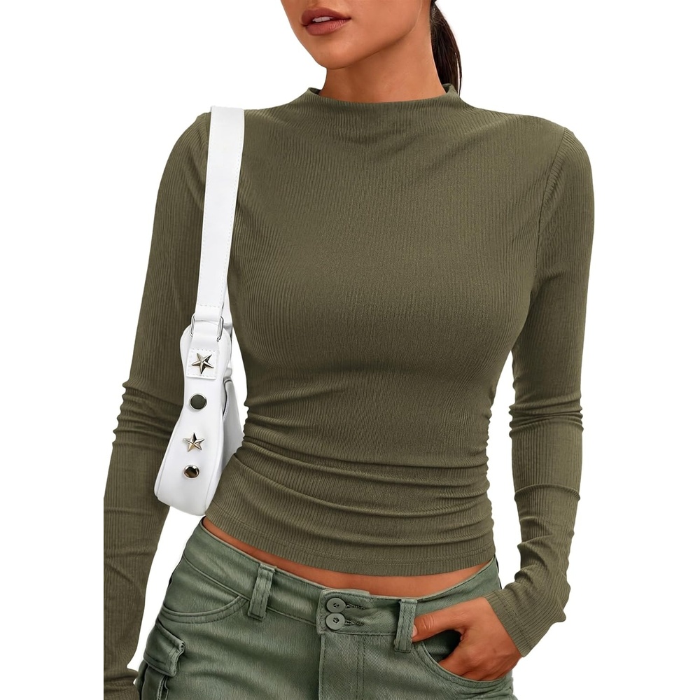 image:imagePRETTYGARDEN Womens Tops Casual Mock Neck Long Sleeve Shirts Soft Stretchy Ribbed Knit Ruched Slim Fit Going Out Tops Work Date Outfits Y2K Clothes 2026 Fall Winter Basic LayeringArmy Green