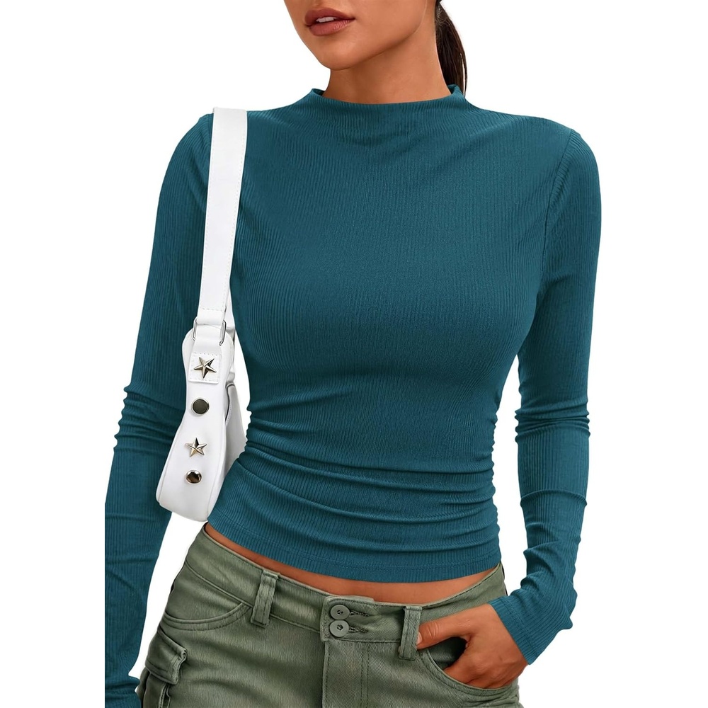 image:imagePRETTYGARDEN Womens Tops Casual Mock Neck Long Sleeve Shirts Soft Stretchy Ribbed Knit Ruched Slim Fit Going Out Tops Work Date Outfits Y2K Clothes 2026 Fall Winter Basic LayeringTeal