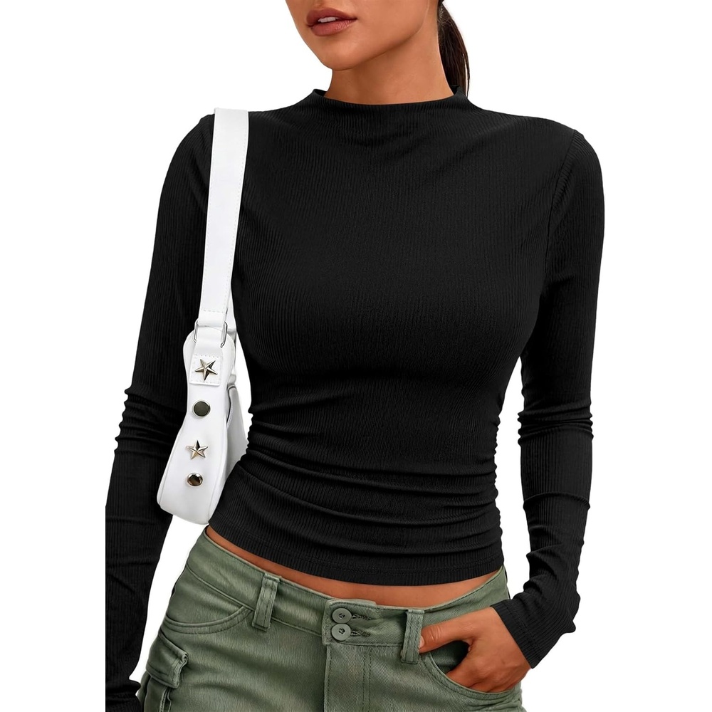 image:imagePRETTYGARDEN Womens Tops Casual Mock Neck Long Sleeve Shirts Soft Stretchy Ribbed Knit Ruched Slim Fit Going Out Tops Work Date Outfits Y2K Clothes 2026 Fall Winter Basic LayeringBlack