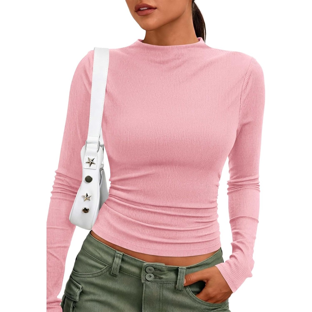 image:imagePRETTYGARDEN Womens Tops Casual Mock Neck Long Sleeve Shirts Soft Stretchy Ribbed Knit Ruched Slim Fit Going Out Tops Work Date Outfits Y2K Clothes 2026 Fall Winter Basic LayeringPink