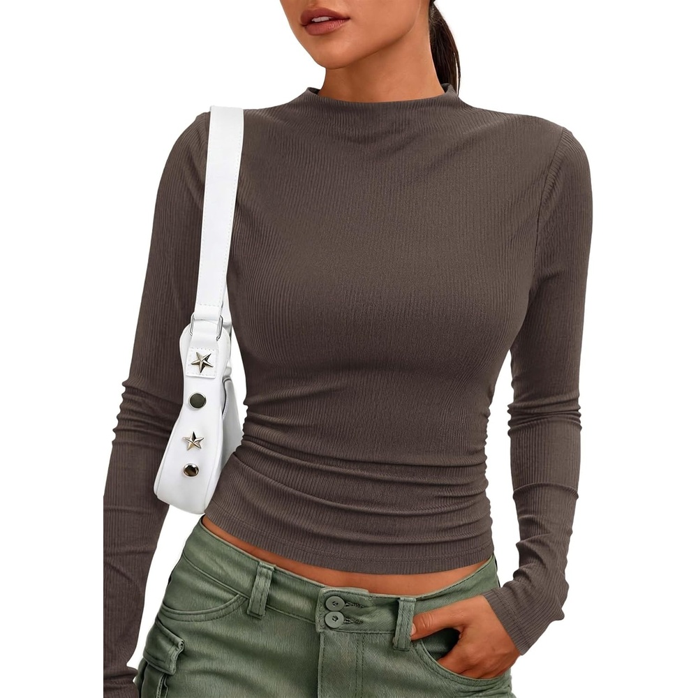image:imagePRETTYGARDEN Womens Tops Casual Mock Neck Long Sleeve Shirts Soft Stretchy Ribbed Knit Ruched Slim Fit Going Out Tops Work Date Outfits Y2K Clothes 2026 Fall Winter Basic LayeringBrown