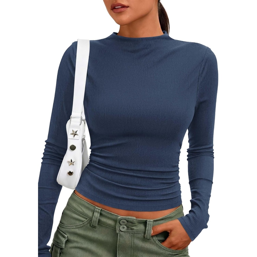 image:imagePRETTYGARDEN Womens Tops Casual Mock Neck Long Sleeve Shirts Soft Stretchy Ribbed Knit Ruched Slim Fit Going Out Tops Work Date Outfits Y2K Clothes 2026 Fall Winter Basic LayeringRoyal Blue