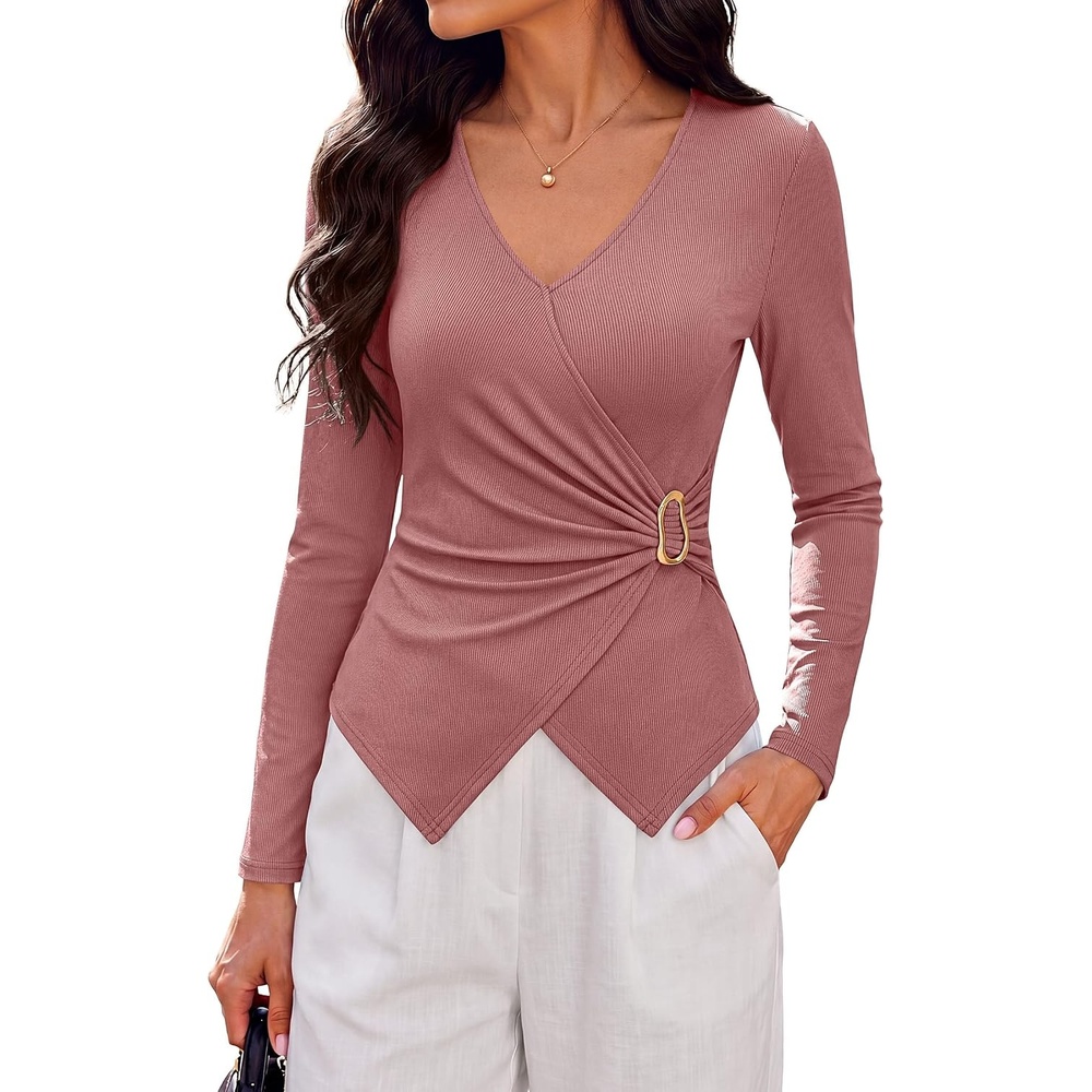 image:imagePRETTYGARDEN Womens Tops Dressy Long Sleeve V Neck Blouses Ribbed Knit Wrap Top Asymmetrical Hem Ruched Elegant Shirts for Work Date Night Cocktail Party Fall Clothes Deco BucklePink