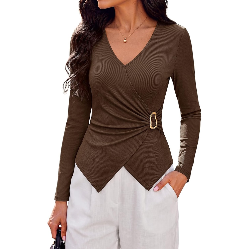 image:imagePRETTYGARDEN Womens Tops Dressy Long Sleeve V Neck Blouses Ribbed Knit Wrap Top Asymmetrical Hem Ruched Elegant Shirts for Work Date Night Cocktail Party Fall Clothes Deco BuckleBrown