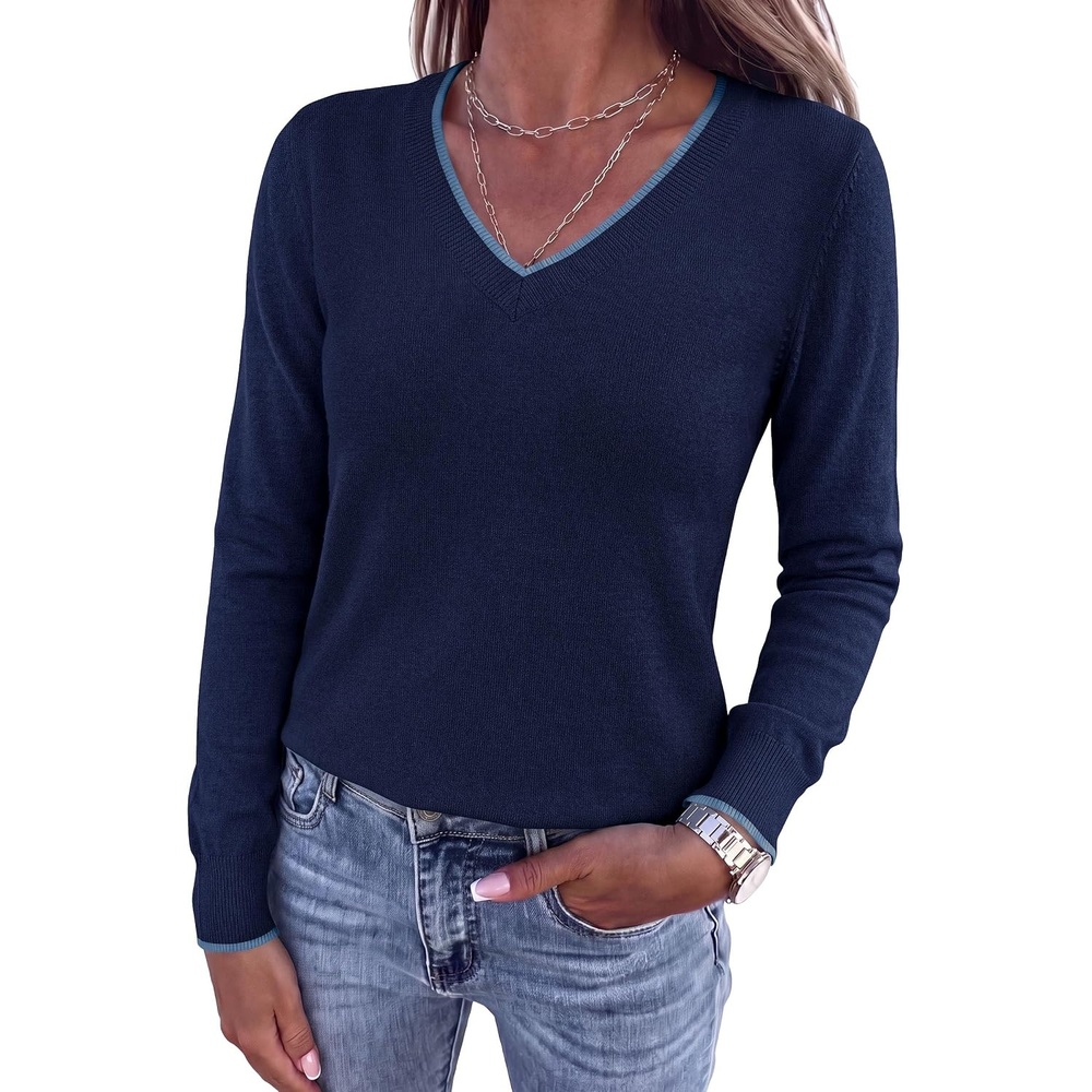 image:imagePRETTYGARDEN Womens V Neck Sweater Long Sleeve Knit Tops Contrast Trim Cozy Lightweight Pullover Loose Basic Soft Business Casual Holiday Vacation Outfits Fall Winter ClothesNavy Blue